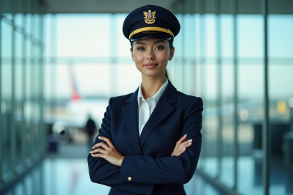 Jeune pilote femme en uniforme dans un aéroport