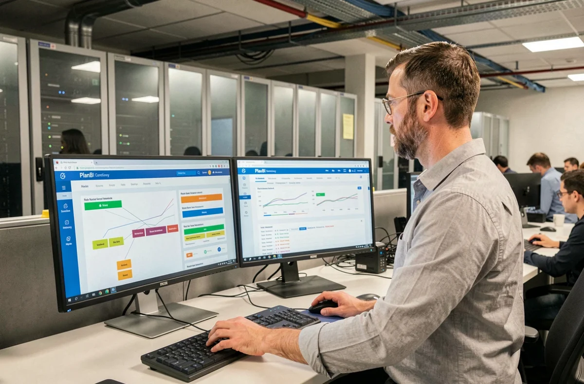 Analyste informatique d'une ETI paramétrant un outil de plan de continuité d'activité sur double écran en open space