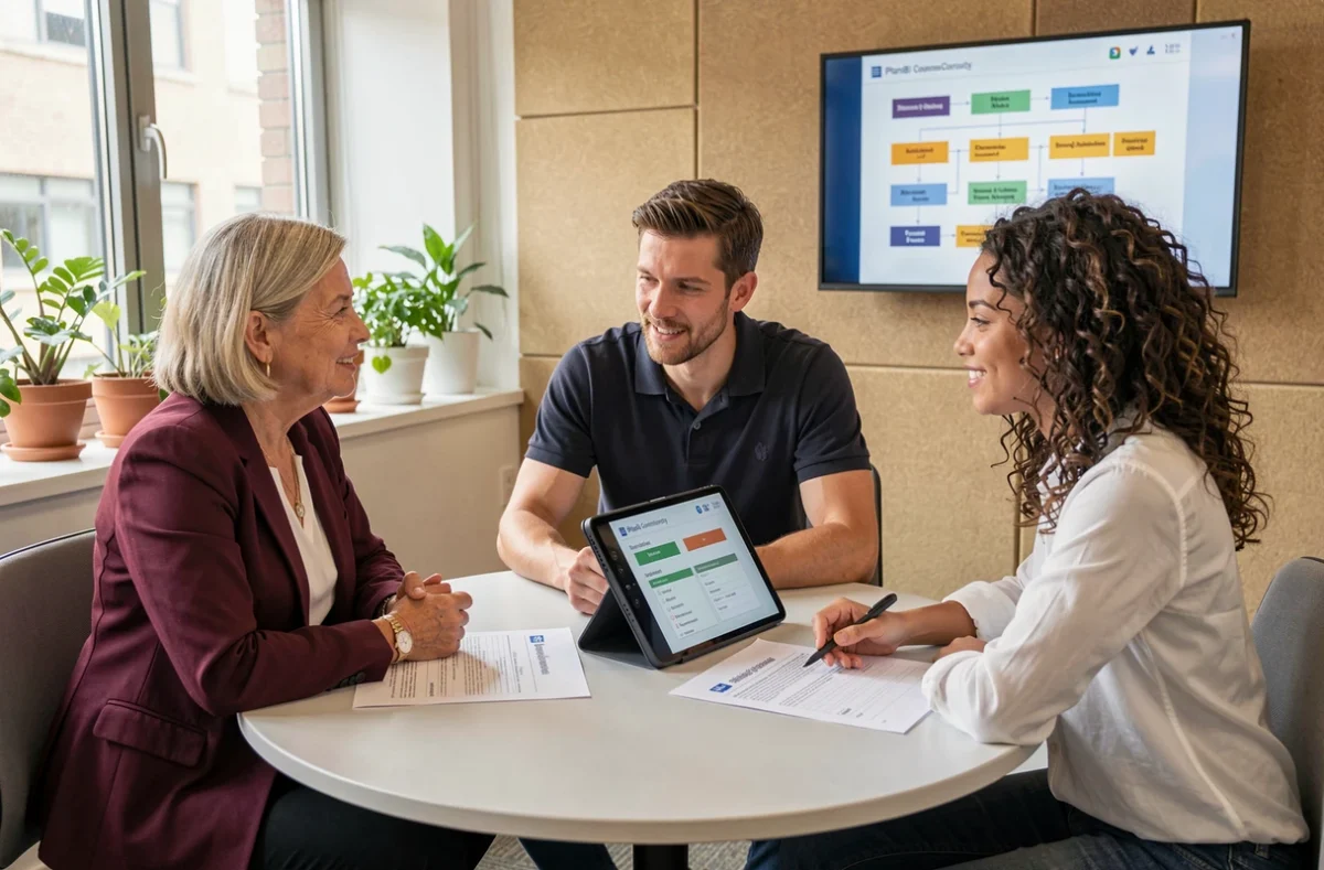Équipe pluridisciplinaire d'une ETI en atelier de travail autour d'un plan de continuité d'activité avec outil PlanBI