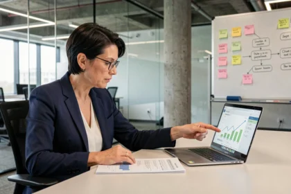 Responsable de continuité d'activité dans une ETI analysant un plan de continuité sur ordinateur portable en salle de réunion