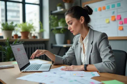 Professionnelle planifiant un calendrier éditorial avec des outils IA marketing sur son ordinateur portable dans un bureau moderne