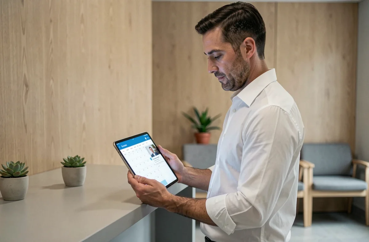 Praticien libéral consultant un agenda de rendez-vous en ligne sur tablette à l'accueil de son cabinet professionnel