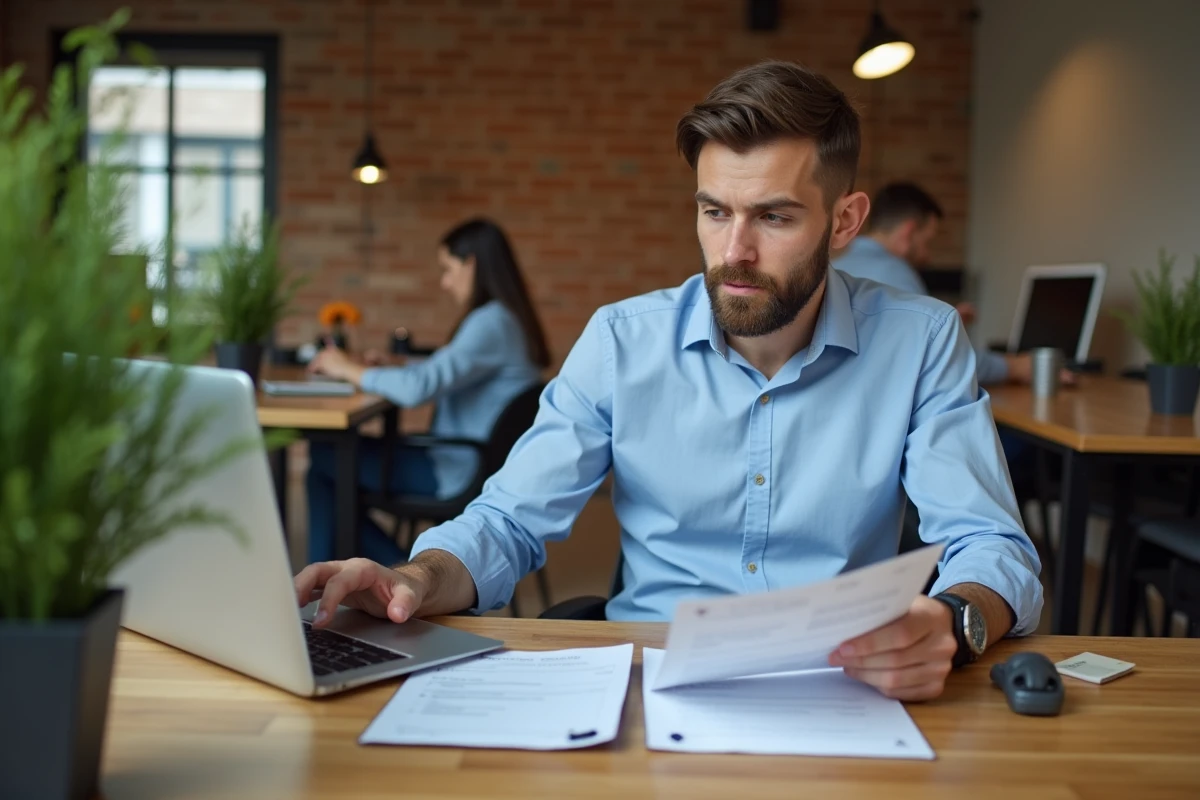 Jeune commercial préparant son CV B2B avec des notes manuscrites dans un espace de coworking moderne