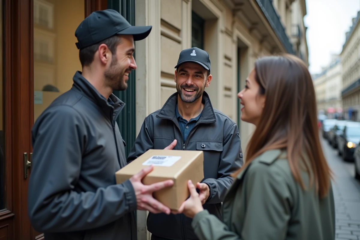 Livreur remettant un colis avec preuve de livraison numérique sur tablette devant un immeuble haussmannien à Paris