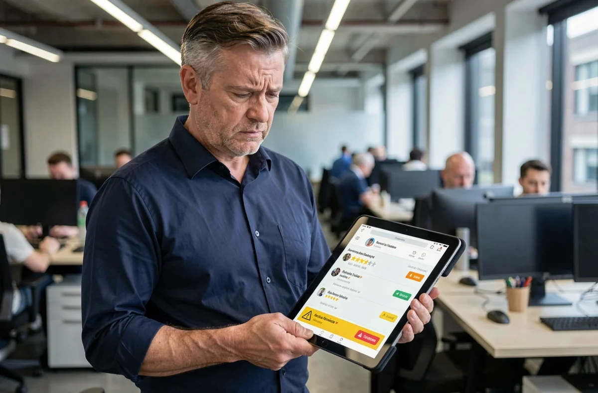 Professionnel préoccupé consultant des avis négatifs sur une tablette dans un bureau moderne
