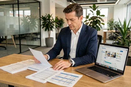 Professionnel analysant les factures et la fiscalité d'un abonnement réseau B2B à son bureau