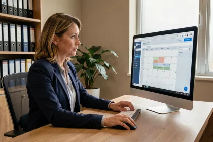 Professionnelle libérale utilisant un logiciel de prise de rendez-vous en ligne sur son ordinateur de bureau dans un cabinet moderne