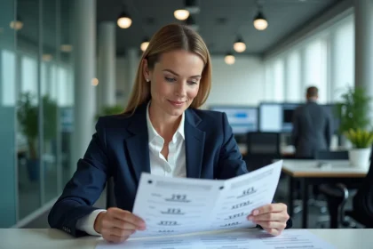 Professionnelle en blazer marine consultant des documents avec numéro D-U-N-S dans un bureau moderne