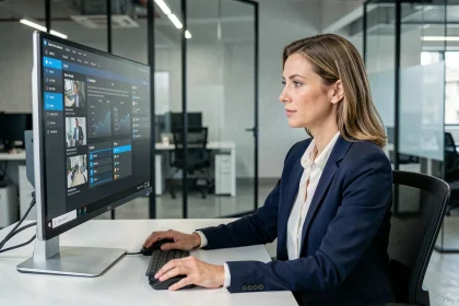 Professionnelle en sécurité consultant le portail MonPortailSecuritas sur un écran d'ordinateur dans un bureau moderne