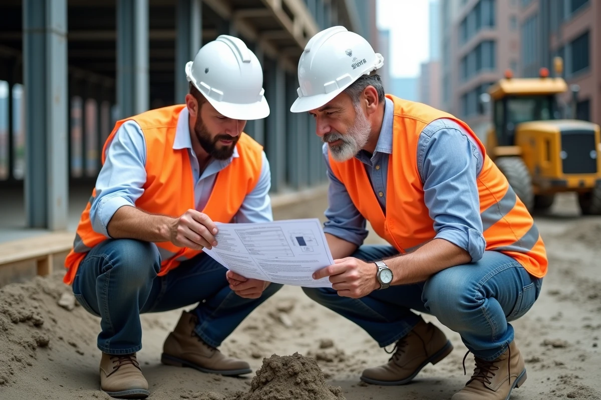 Deux professionnels BTP étudiant ensemble des documents techniques sur un chantier pour améliorer la gestion des coûts et des marges