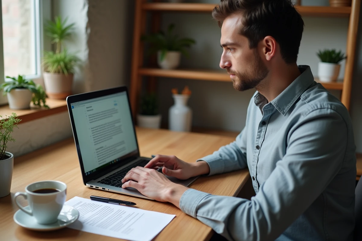 Personne rédigeant un mail de prise de rendez-vous pour une rupture conventionnelle depuis son bureau à domicile