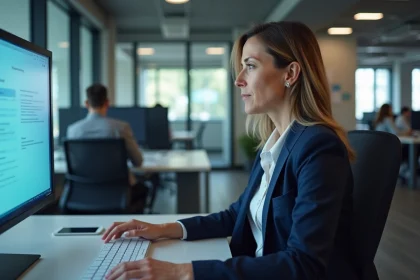 Responsable RH en entreprise consultant les nouvelles réglementations ACCESS24 sur un écran d'ordinateur dans un bureau moderne