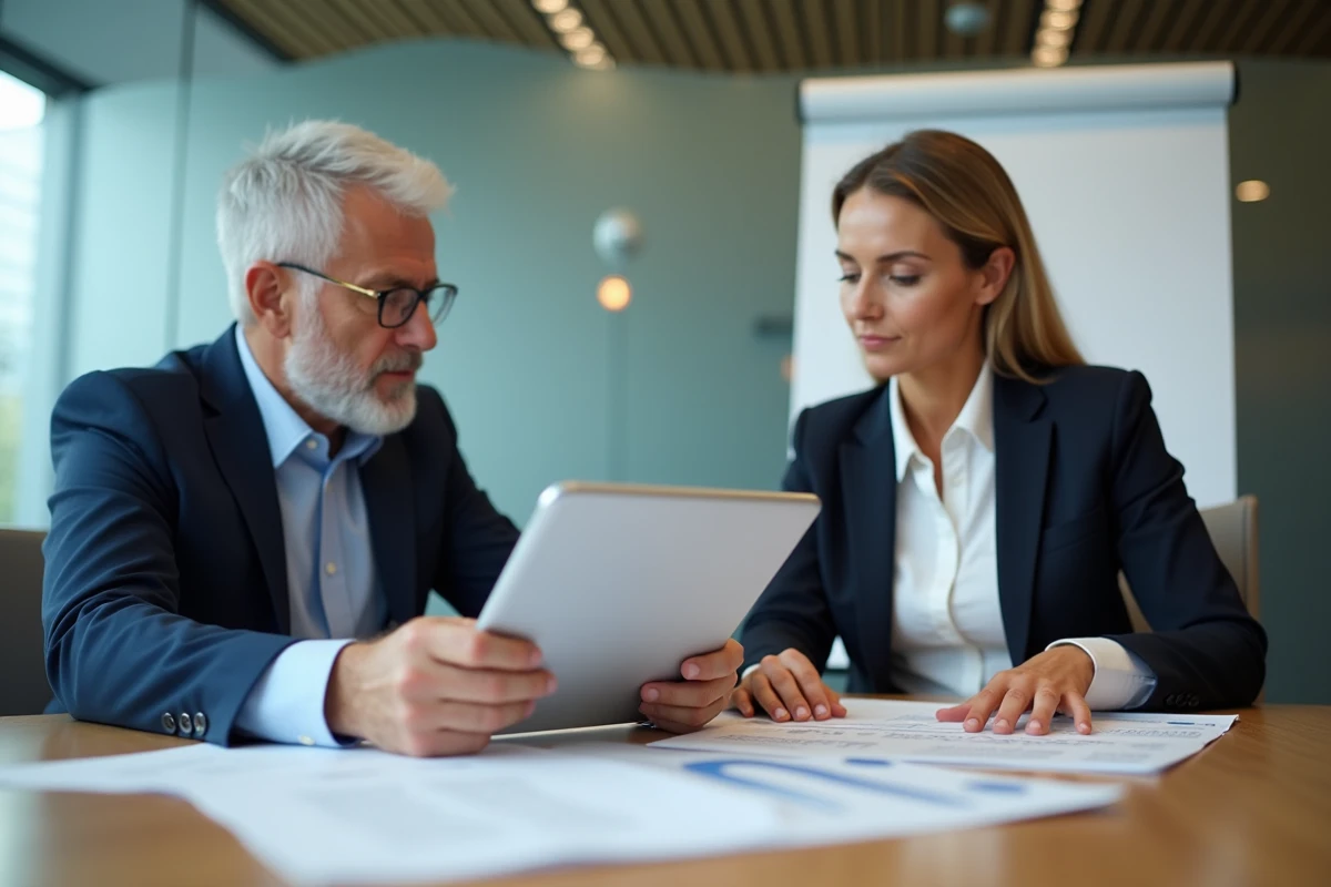 Deux professionnels de l'assurance collaborant sur l'extranet courtier AXA avec documents et tablette en salle de réunion