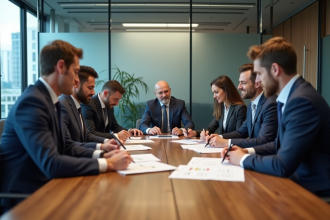 Groupe de professionnels en réunion dans une salle moderne