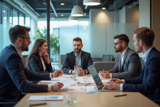 Groupe de collègues divers en réunion d'affaires dans un bureau moderne