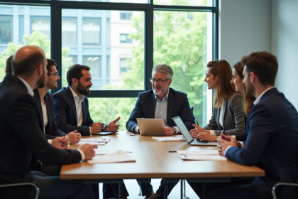 Groupe de professionnels en réunion dans un bureau moderne