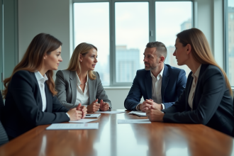 Quatre professionnels en réunion dans un bureau moderne