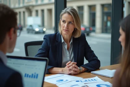 Responsable d'une organisation à but non lucratif analysant des documents financiers lors d'une réunion stratégique dans un bureau moderne