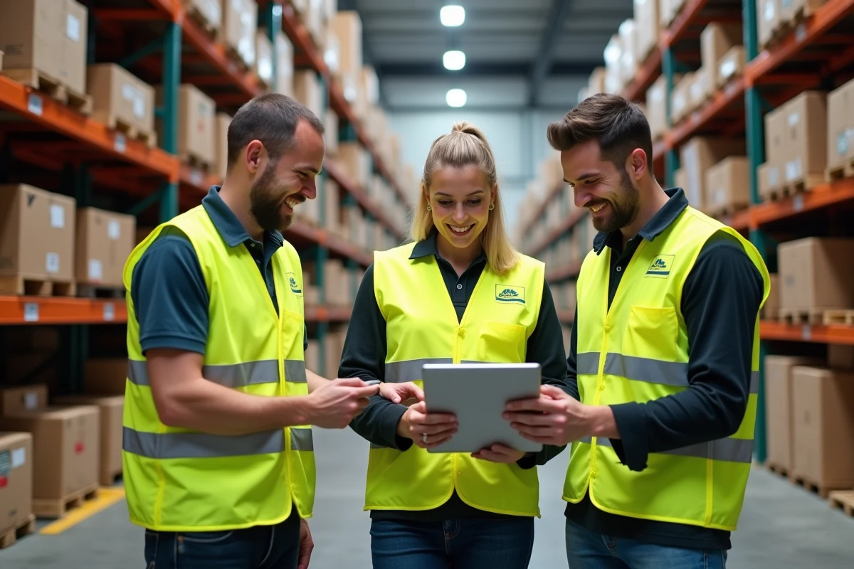 Groupe de salariés Chronopost en entrepôt consultant le catalogue de réductions CSE sur une tablette