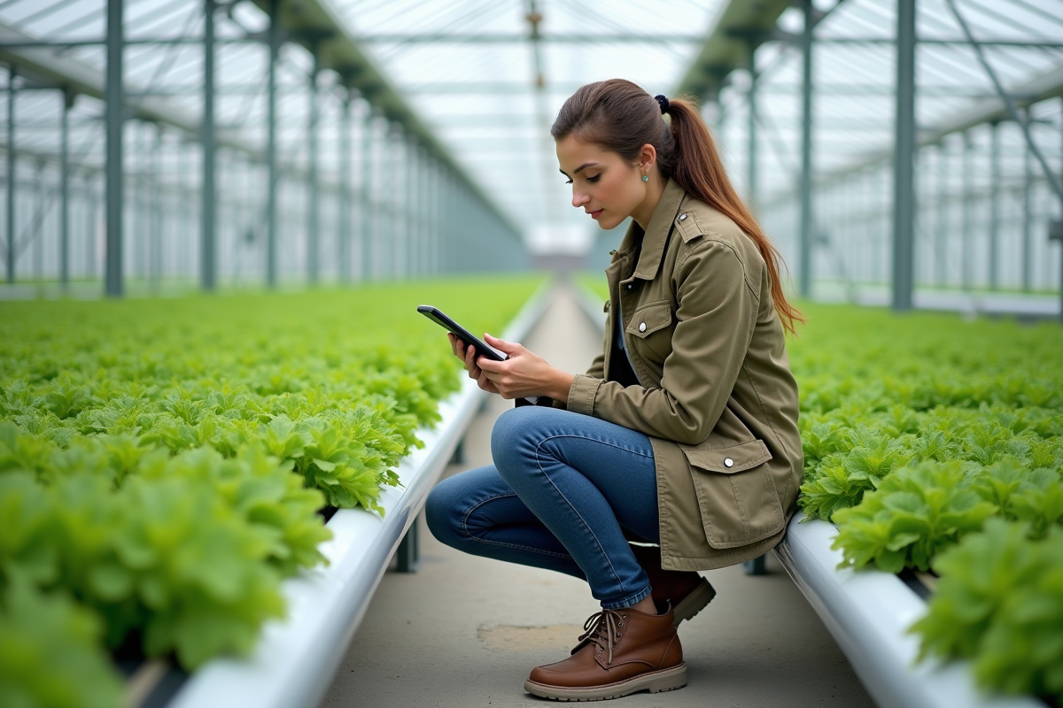 Jeune femme inspectant des cultures en serre moderne