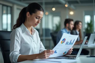 Femme professionnelle consultant un tableau de bord RH sécurisé sur ordinateur portable dans un bureau moderne