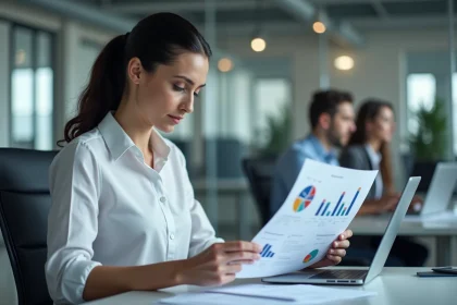 Femme professionnelle consultant un tableau de bord RH sécurisé sur ordinateur portable dans un bureau moderne