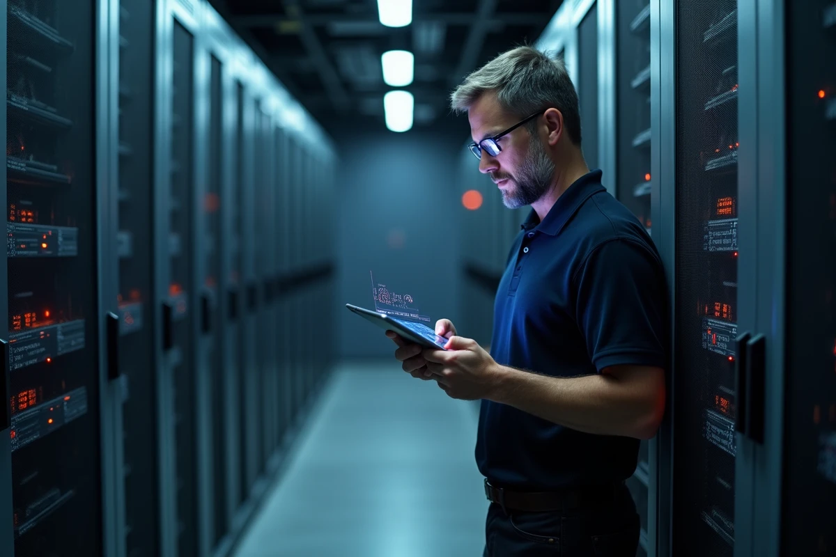 Technicien informatique vérifiant la sécurité des données RH dans une salle de serveurs professionnelle