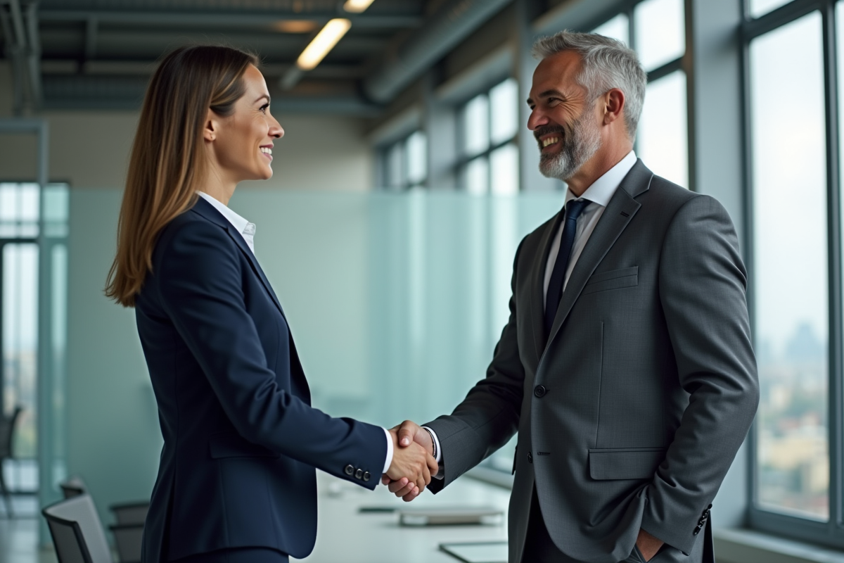 Femme et homme se serrant la main dans un bureau moderne