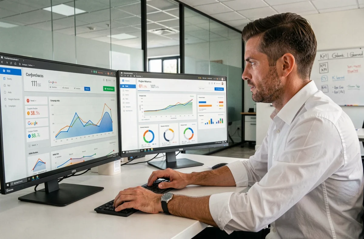Analyste de l'agence Shakebiz concentré sur des tableaux de bord de performance marketing digital avec métriques ROI et campagnes publicitaires