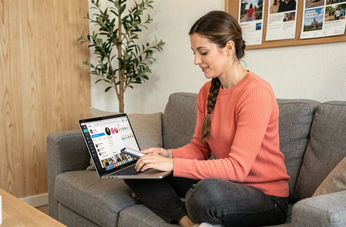 Gestionnaire de réseaux sociaux de l'agence Sncr Communication dans les Alpes-Maritimes gérant des comptes clients sur ordinateur et smartphone dans un espace créatif décontracté