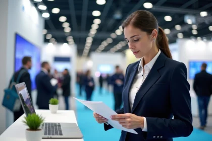 Jeune femme startup analysant un programme d'événement professionnel dans un salon généraliste