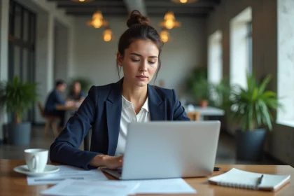 Jeune fondatrice de startup consultant des documents juridiques en ligne dans un espace de coworking moderne