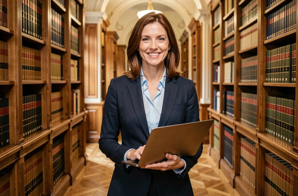 Stéphanie Berland, avocate au barreau de Bordeaux, debout dans une bibliothèque juridique tenant un ordinateur portable