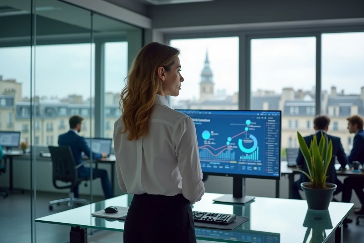 Responsable logistique consultant un tableau de bord blockchain de traçabilité supply chain dans un bureau parisien moderne