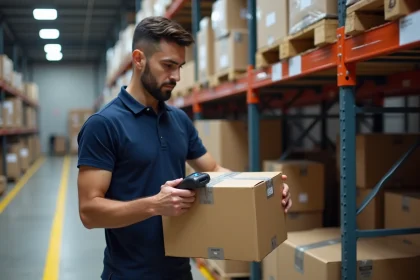Technicien logistique scannant un colis avec un lecteur RFID dans un entrepôt parisien pour assurer la traçabilité blockchain