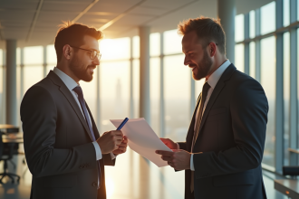 Travailleur confiant examinant un contrat avec un conseiller dans un bureau moderne