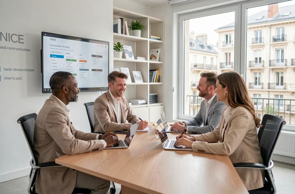 Équipe de l'agence VCOMK à Nice autour d'une table de réunion, travaillant sur une stratégie de communication globale